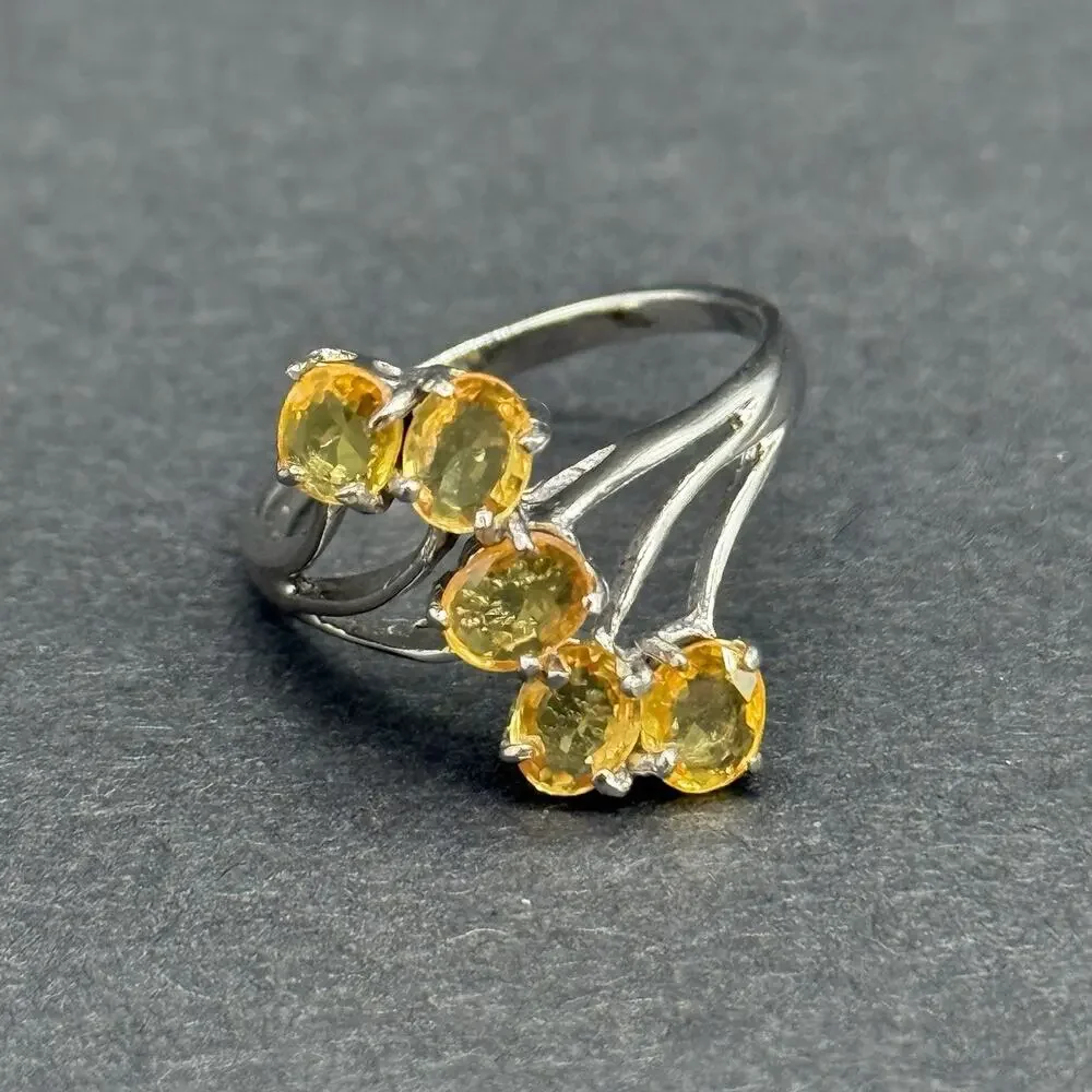 Vintage 925 S Silver Yellow Citrine Multi-Stone Bypass Cluster Ring Size 8